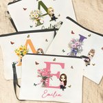 Sac de Maquillage en Toile Personnalisé avec Initiale Nom Personnage de Dessin Animé Accessoire à Bracelet Pratique de Voyage Cadeau pour Femme Fille