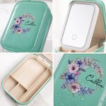 Personalized Birth Flower Wreath Leather Jewelry Box with Name and LED Light Makeup Mirror Travel Essential Birthday Gift for Women