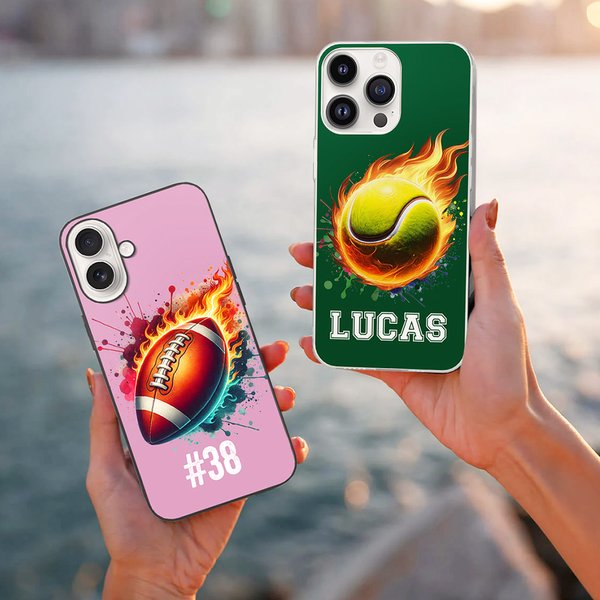 Gepersonaliseerde vlammende basketbal voetbal sport bal ontwerp TPU telefoonhoesje voor iPhone met naam verjaardag Match Day Gift voor Ball Games liefhebbers