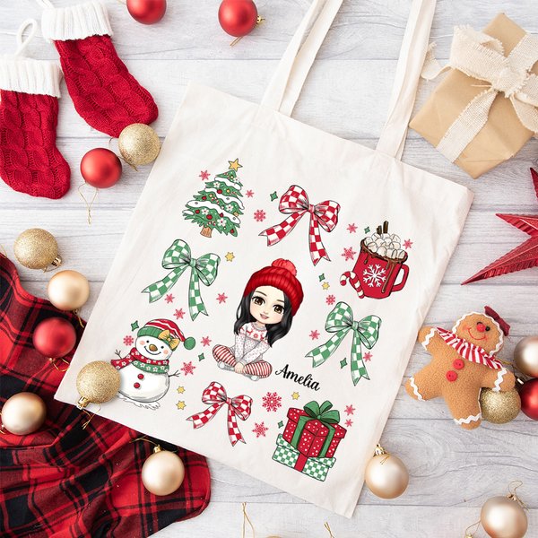 Personalizzato Pupazzo di neve albero di Natale fiocco tela grande Tote Bag con personaggio dei cartoni animati e nome Natale festa bomboniera regalo 