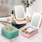 Personalized Birth Flower Wreath Leather Jewelry Box with Name and LED Light Makeup Mirror Travel Essential Birthday Gift for Women