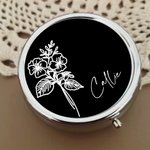 Personalized Birth Flower Round Mini Portable Pill Box with Name and Mirror Birthday Gift for Friends Family