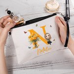 Sac de Maquillage en Toile Personnalisé avec Initiale Nom Personnage de Dessin Animé Accessoire à Bracelet Pratique de Voyage Cadeau pour Femme Fille