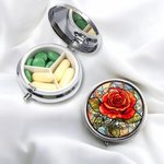 Personalised Birth Flower Stained Glass Round Mini Pill Box with Name and Mirror Birthday Gift for Friends Family