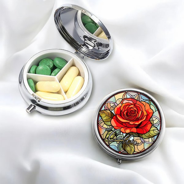 Personalised Birth Flower Stained Glass Round Mini Pill Box with Name and Mirror Birthday Gift for Friends Family