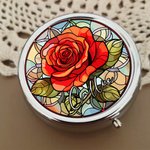 Personalised Birth Flower Stained Glass Round Mini Pill Box with Name and Mirror Birthday Gift for Friends Family