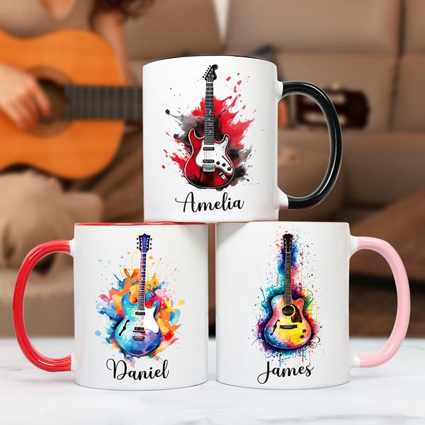 Personalized Colourful Splash Ink Guitar Theme 11oz Ceramic Mug with Name and Handle Birthday Gift for Guitar Players Lovers