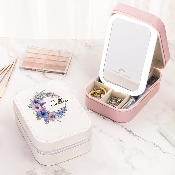 Personalisiertes Geburtsblumenkranz PU-Leder Schmuckkästchen mit Namen LED-Licht Make-up-Spiegel Drei Lichtmodi Urlaub Geburtstag Geschenk für Damen