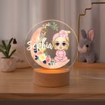 Spersonalizowana lampka nocna LED Moon Flower z drewnianą podstawą i imieniem Prezent urodzinowy dla dziewczynek i chłopców