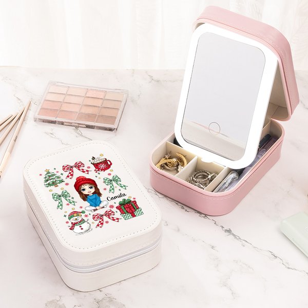 Personalised Christmas Bow Snowman Cartoon Leather Jewellery Box with Name and LED Three-colour Adjustable Makeup Mirror Christmas Gift for Women Girls