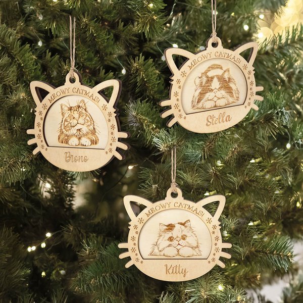 Flocon de neige personnalisé Portrait de chat en bois Ornement de Noël suspendu avec nom Décoration de l'arbre de Noël Perte d'un animal de compagnie 