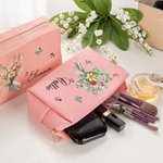 Personalised Birth Flower Bouquet Butterfly Leather Makeup Bag Pouch with Name Birthday Bridesmaid Family Gift for Women