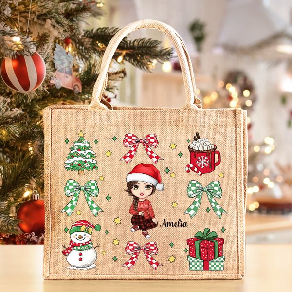 Personalisierte Weihnachten Mädchen Frauen wiederverwendbare Jute Tragetasche Tote Bag mit Namen Weihnachten Geburtstag Geschenk für Familie Freund