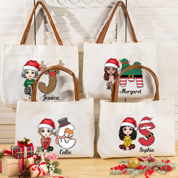 Personalisierte Weihnachtsmannmütze Cartoon-Charakter Schneemann Rentier Initiale Leder Griff Canvas Tragetasche Tote Bag mit Namen Weihnachtsgeschenk