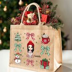Personalisierte Weihnachten Mädchen Frauen wiederverwendbare Jute Tragetasche Tote Bag mit Namen Weihnachten Geburtstag Geschenk für Familie Freund