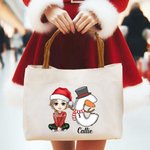 Personalisierte Weihnachtsmannmütze Cartoon-Charakter Schneemann Rentier Initiale Leder Griff Canvas Tragetasche Tote Bag mit Namen Weihnachtsgeschenk