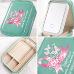 Personalised You Are Not Alone Pink Ribbon Leather Name Jewellery Box with Adjustable LED Makeup Mirror Birthday Gift for Breast Cancer Patient