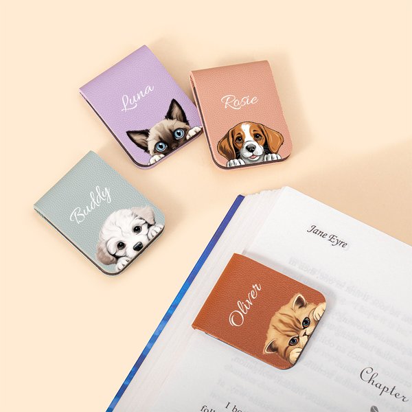 Personalized Cute Watercolour Peeking Cat Dog Magnetic Leather Bookmark Clip with Name Birthday Gift for Bookworm Cat Dog Lover