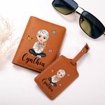 Personalized Cartoon Character Birth Flower Bouquet PU Leather Passport Holder Luggage Tag with Name Birthday Accessory Gift for Women