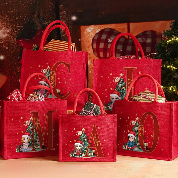 Personalized Cartoon Character with Christmas Tree Reusable Red Jute Tote Gift Bag with Initial and Name Christmas Party Gift for Family Kids