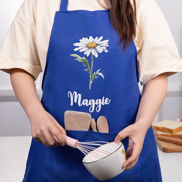 Personalized Birth Flower Kitchen Apron with Name and Pocket for Cooking Baking Gardening Housewarming Gift for Chefs Women