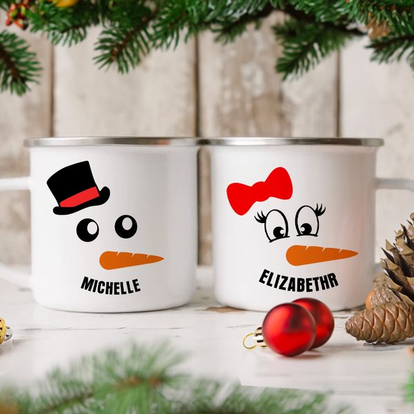 Gepersonaliseerde Leuke Wortel Sneeuwman 12oz Emaille Mok met Naam Verjaardag Kerstcadeau voor Familie Kinderen