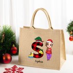 Personalizzato Natale iniziale Cartoon Character Eco-friendly Tote Bag con nome Regalo di Natale per amico di famiglia