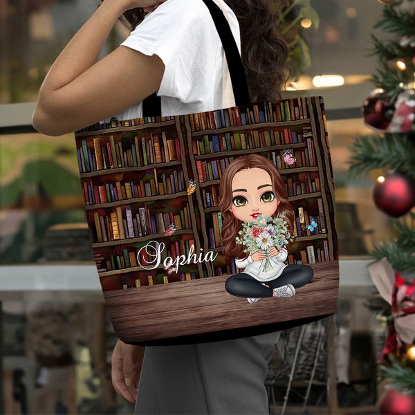 Personalized Cartoon Character Women Girl Name Tote Bag with Birth Flower Bouquet Birthday Gift for Book Lovers Bookworms