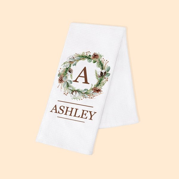Gepersonaliseerde Kerstkrans 100% Katoenen Keukendoek met Initiaal en Naam Super Absorberend Kerst Housewarming Geschenk voor Gastgezin