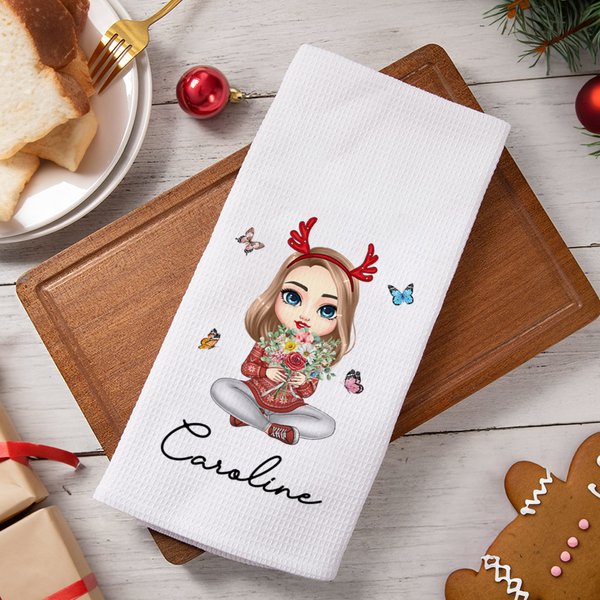 Personalized Cartoon Family Birth Flower 100% Cotton Absorbent Waffle Tea Towel with  Name Kitchen Decor Birthday Housewarming Gift for Mom Grandma