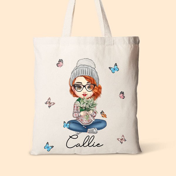 Personalisierte niedliche Cartoon-Figur Geburt Blumenstrauß Canvas Tragetasche mit Namen Tote Bag Muttertag Geburtstag Weihnachten Geschenk für Damen