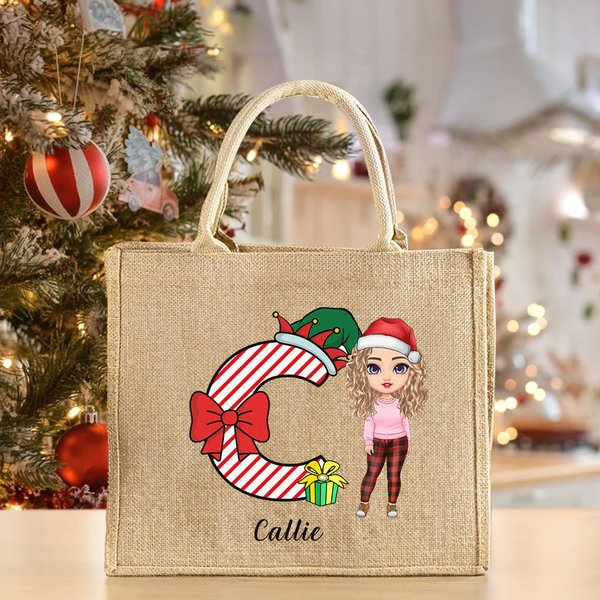 Personalizzato Natale iniziale Cartoon Character Eco-friendly Tote Bag con nome Regalo di Natale per amico di famiglia