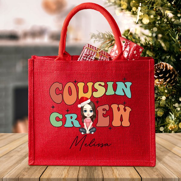 Personalized Cousin Crew Cartoon Character Large Red Burlap Tote Bag with Name Party Favor Christmas Gift for Kids Adults