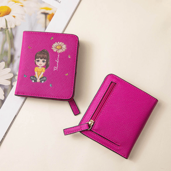 Personalisierte Cartoon-Figur Geburtsblume Bifold Brieftasche mit Namen Kartenfächern RFID-Schutz aus PU-Leder Geburtstag Geschenk für Familie Kinder