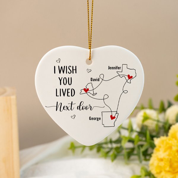 Personalised Map Silhouette Connected Heart Shaped Ceramic Christmas Tree Ornament with Name Christmas Long Distance Gift for Friend Family