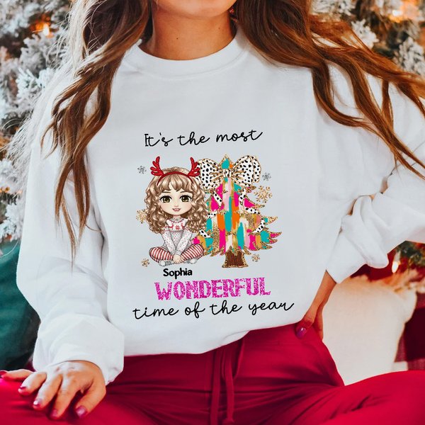 Personalized Multicolor Christmas Tree Cartoon Girl Sweatshirt with Name Christmas Birthday Gift for Friend Family