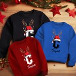 Personalised Multicolour Reindeer Horns Santa Hat Initial Kids Adults Sweatshirt with Name Christmas Evening Outfit Gift for Family