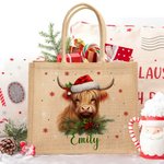 Personalisierte Weihnachtsmannmütze Hochlandring Schneeflocke Jutetasche Tote Bag mit Namen Weihnachtsgeschenk für Familie Kinder