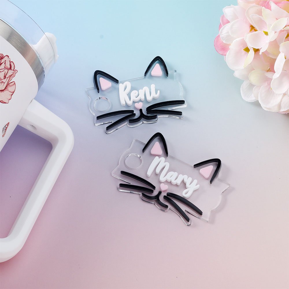 Personalized Cute Cat Clear Acrylic Tumbler Name Plate Tag Accessories for Stanley Cup Birthday Gift for Cat Lovers Owners 2