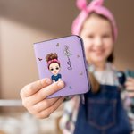 Personalized Cartoon Character Birth Flower Name Leather Compact Bifold Pocket Wallet with RFID Blocking and ID Window Birthday Gift for Family Kids