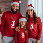Personalised Multicolour Reindeer Horns Santa Hat Initial Kids Adults Sweatshirt with Name Christmas Evening Outfit Gift for Family