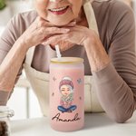 Personalizzato Cartoon mamma nonna nascita bouquet di fiori 20 oz smerigliato birra può vetro con coperchio di bambù e cannuccia Compleanno regalo di 