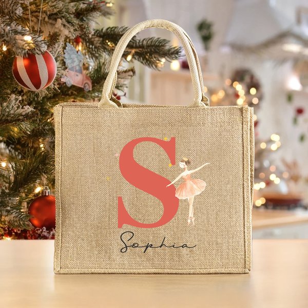 Personalisierte Nussknacker Fee Ballett Mädchen wiederverwendbare große Jute Tragetasche mit Initial und Name Geburtstag Weihnachtsgeschenk für Familie Kinder