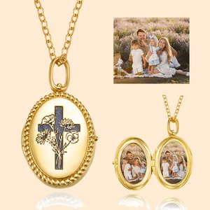 Collier Croix Personnalisée Naissance Fleur Bouquet Photo Collier Chrétien Gravé Bijoux Baptême Anniversaire Noël Cadeau pour Femme