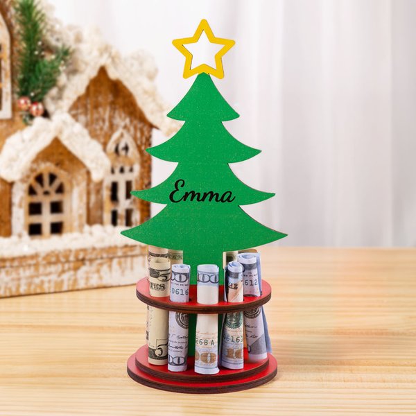 Personalized Christmas Tree Freestanding Wooden Money Holder with Text Christmas Gift for Kids Family