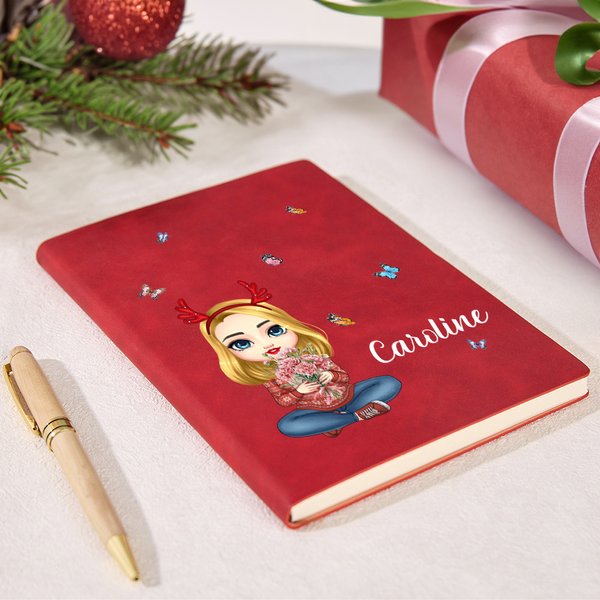 Carnet en Cuir Personnalisé avec Personnage Dessin Animé Bouquet de Fleur et Nom Cadeau Anniversaire Noël pour Femmes et Amies