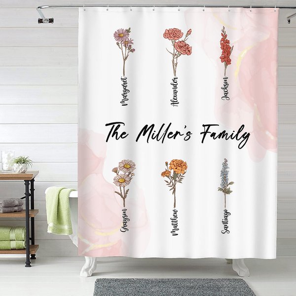 Personalised 1-15 Birth Flowers Waterproof Shower Curtain with 12 Rust-Proof Grommets Bathroom Decor Housewarming Birthday Gift for Family Friend