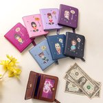 Personalized Cartoon Character Birth Flower Name Leather Compact Bifold Pocket Wallet with RFID Blocking and ID Window Birthday Gift for Family Kids