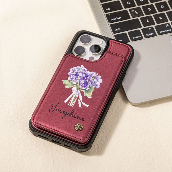 Personalisierte Geburt Blume Blumenstrauß PU Leder Flip Wallet Handyhülle für iPhone mit Namen RFID-Blockierung Karteninhaber Geburtstagsgeschenk für Familie