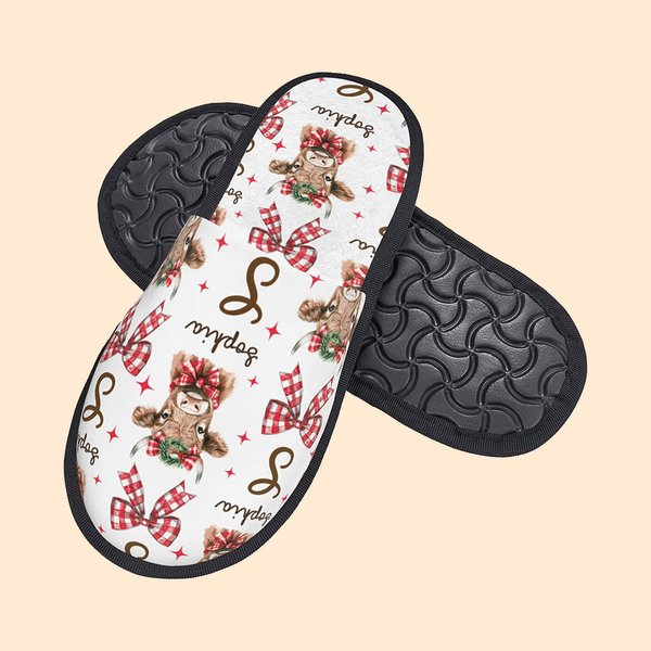 Personalizzato multicolore Natale fiocco Highland mucca antiscivolo pantofole di peluche con nome compleanno regalo di Natale per le donne